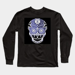 skull mania ecopop tribal mexican art in blue Long Sleeve T-Shirt